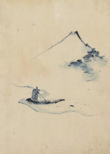 A person in a small boat on a river with Mount Fuji in the background