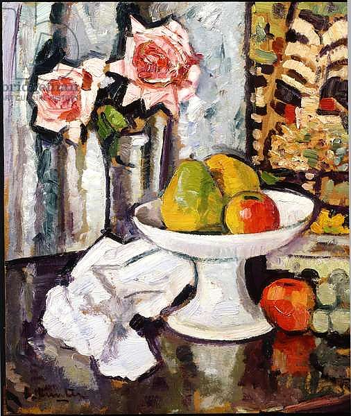 Still life with bowl of fruit and a vase of pink roses