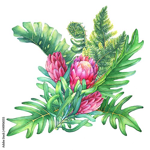 Букета с розовыми цветами протея и тропическими растениями