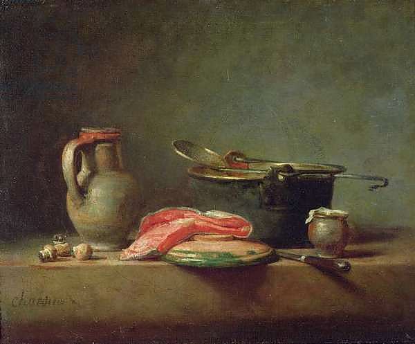 Copper Cauldron with a Pitcher and a Slice of Salmon