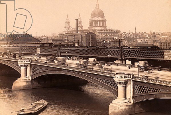 London, England. Blackfriar's Bridge with St. Paul's cathedral behind circa 1890.