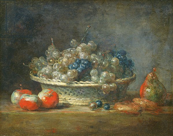 Still life: grape basket with three apples, a pear and two marzipans, 1764