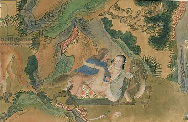 Erotic depiction of lovers using a reclining horse as a bed, from a series depicting the lives of Mongol Horsemen, Tao-kuang period, c.1850,