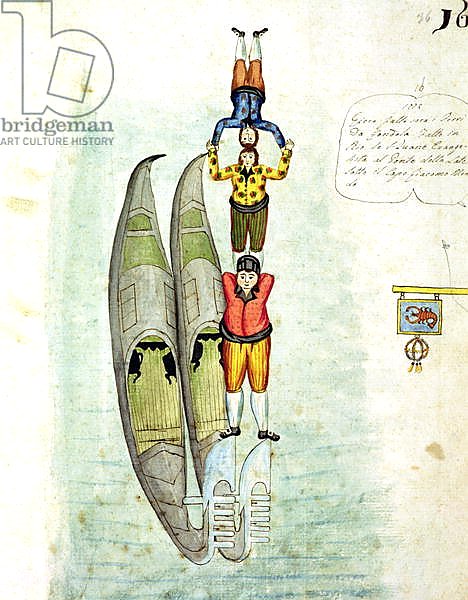 Three men balancing on two gondolas, 1772