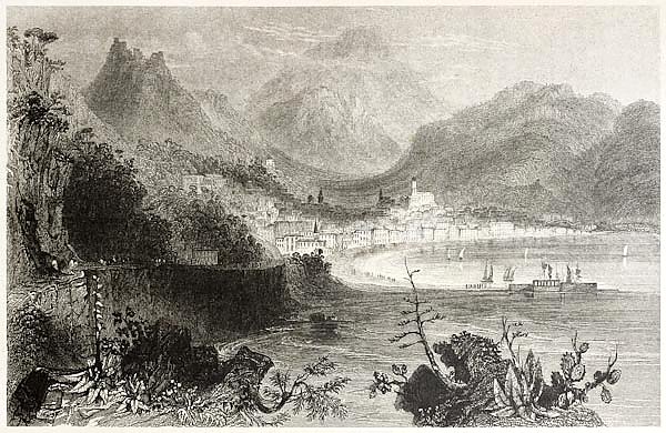 Salerno town and port. Created by Bartlett and Capone, published on Il Mediterraneo Illustrato, Spir