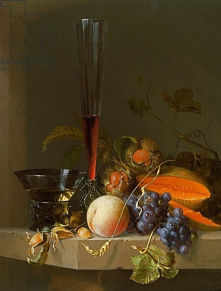 Still life of fruit on a ledge with a roemer and a wine glass
