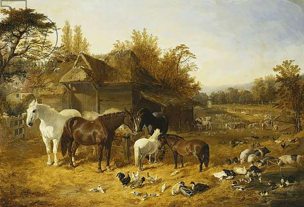 A Farmyard with Horses and Ponies, Berkshire, Saddlebacks, Alderney Shorthorn Cattle, Bantams, Mallard and Guinea Fowl, with a Country Mansion by a River in the Distance, 1853