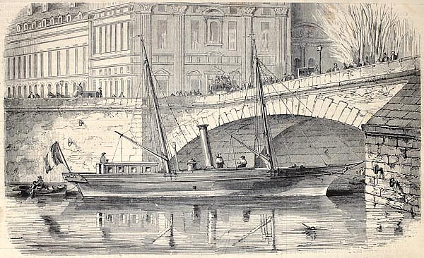 Prince Napoleon's yacht moored along the Seine in Paris. Original, from drawing of Lebreton, publish