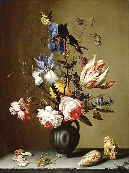 Irises, roses, columbine, hyacinth and a tulip in a black pottery pitcher, with seashells and a grasshopper on a stone ledge