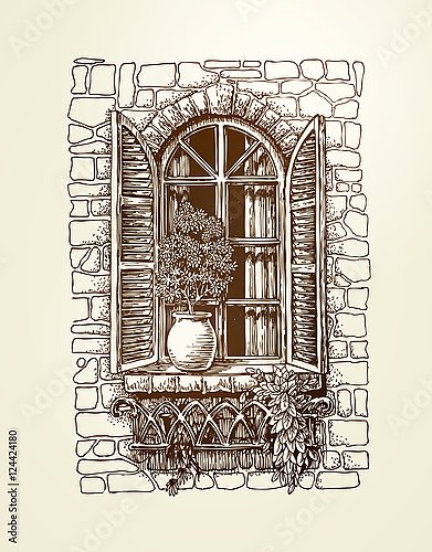 Эскиз окна с деревянными ставнями