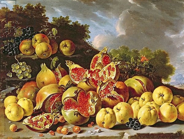 Still Life with pomegranates, apples, cherries and grapes