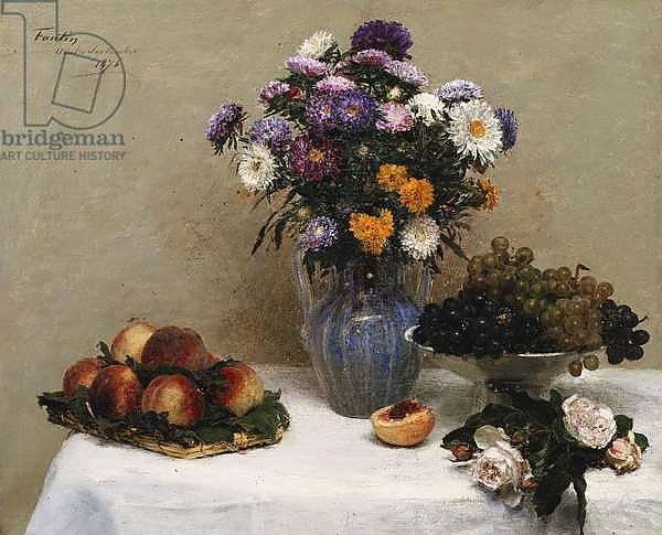 White Roses and Chrysanthemums in a Vase -Peaches and Grapes on a Table with a White Tablecloth; Roses blanches, Chrysanthemes dans une Vase - Peches et Raisins sur une Table a la Nappe blanche, 1876