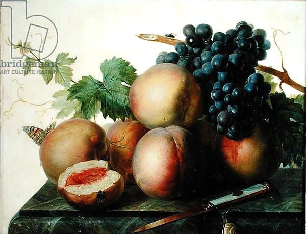 Still Life with Peaches and Grapes on Marble