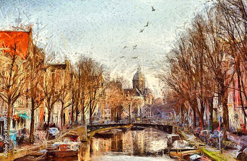 Постер Амстердамский канал на утренней городской улице