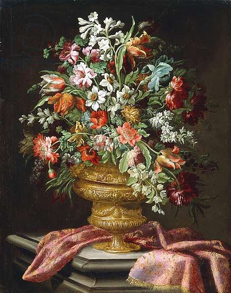 Flowers in a Sculpted Urn on a Draped Stone Pedestal,