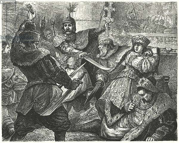 Vasily Shuysky leading the Muscovites in the killing of Tsar False Dmitry I, 1606