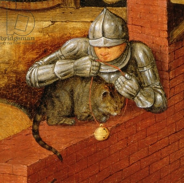 Knight putting a bell on a cat, detail from 'The Flemish Proverbs'