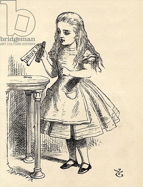 Alice peering at the Drink Me bottle, from 'Alice's Adventures in Wonderland' 1891