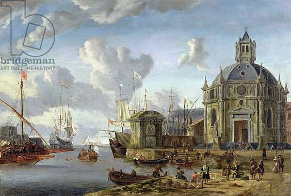 A capriccio Mediterranean harbour with a galley at anchor