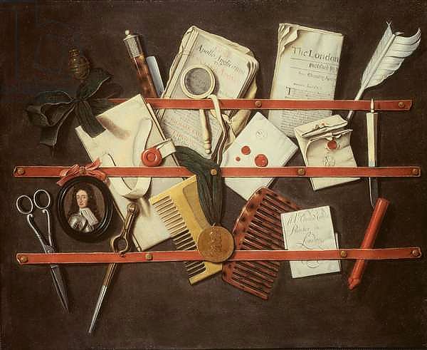 Trompe l'oeil letter rack with a miniature portrait of a young man in armour, 1697