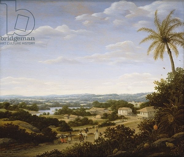 Brazilian landscape with natives on a road approaching a village, 1665