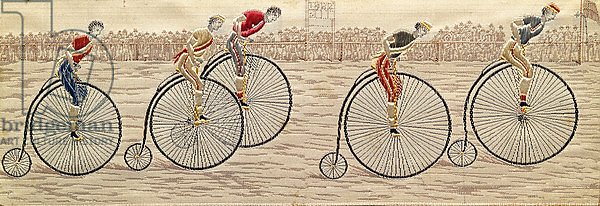 The Last Lap, Penny Farthing Race woven silk Stevengraph, by Thomas Stevens of Coventry, 1872