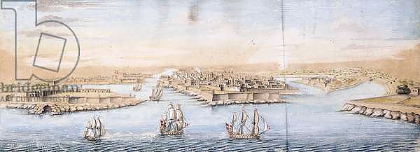A Bird's Eye View of Valetta from the Sea, with Men-o-War entering the Harbour,