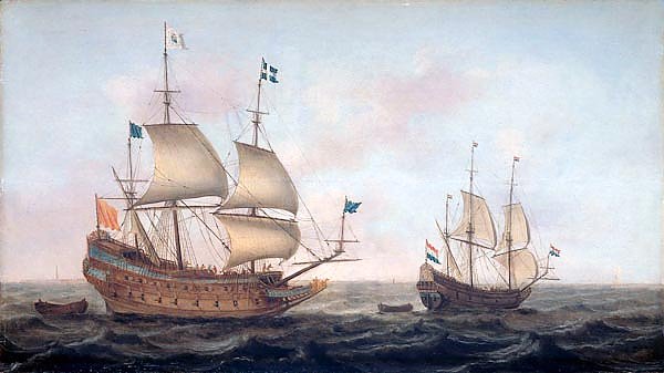 French man-of-war escorted by a Dutch ship in quiet water