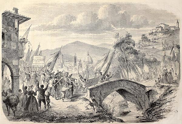 People reaching Florence from Tuscany to vote annexation to Italian State. Original, from drawing of