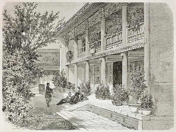 British Legation Verandah in Beijing. Created by Therond, published on Le Tour du Monde, Paris, 1864