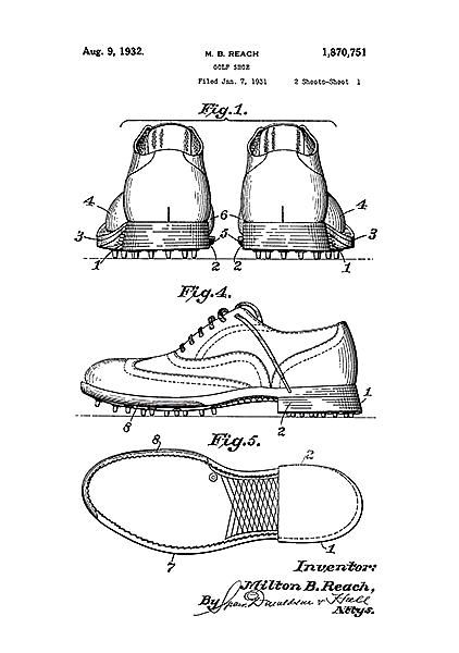 Патент на обувь для гольфа, 1932г