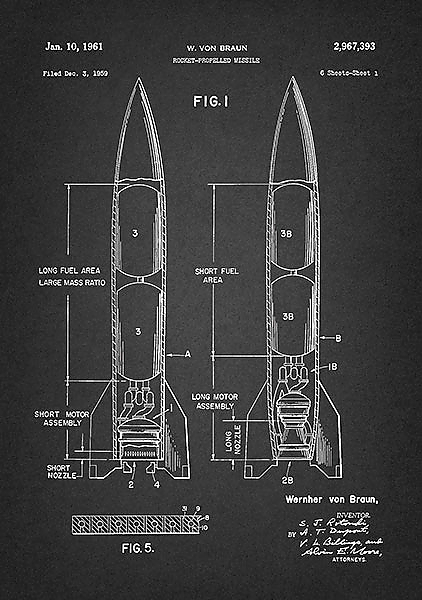 Патент на реактивную ракету Von Broun, 1959г