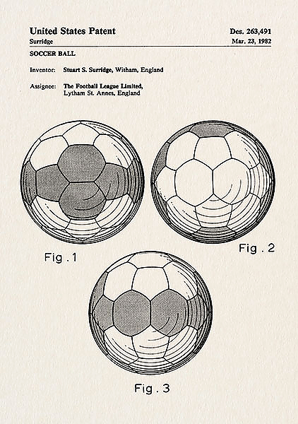 Патент на дизайн футбольного мяча, 1982г