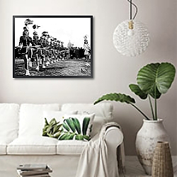 «История в черно-белых фото 436» в интерьере светлой гостиной в скандинавском стиле над диваном