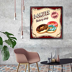 «Ретро плакат с разноцветными пончиками» в интерьере в стиле лофт с бетонной стеной