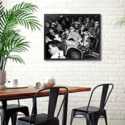 «История в черно-белых фото 1311» в интерьере столовой в скандинавском стиле с кирпичной стеной