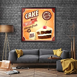 «Ретро плакат с пирожным с вишенкой» в интерьере в стиле лофт над диваном