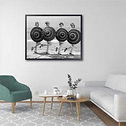 «История в черно-белых фото 379» в интерьере гостиной в скандинавском стиле с зеленым креслом