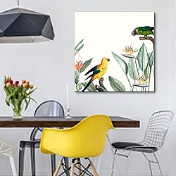 «Попугаи и стрелиция» в интерьере столовой в скандинавском стиле с яркими деталями