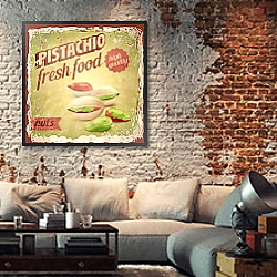 «Ретро-плакат с фисташками» в интерьере гостиной в стиле лофт с кирпичной стеной