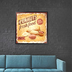 «Ретро-плакат с арахисом» в интерьере в стиле лофт с черной кирпичной стеной