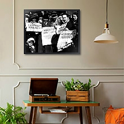 «Окончание Второй Мировой» в интерьере комнаты в стиле ретро с проигрывателем виниловых пластинок