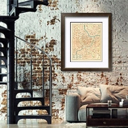 «План Вены, внутренний город 1» в интерьере двухярусной гостиной в стиле лофт с кирпичной стеной