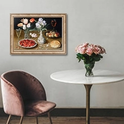 «Still life with Lilies, Roses, Tulips, Cherries and Wild Strawberries» в интерьере в классическом стиле над креслом