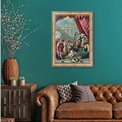 «Есфирь перед Агасфером» в интерьере гостиной с зеленой стеной над диваном