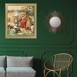 «The Conquest of the New Regions in Russia, 1904» в интерьере классической гостиной с зеленой стеной над диваном