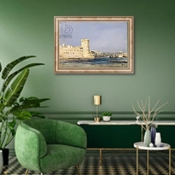 «Marine Fortress, 19th century» в интерьере гостиной в зеленых тонах