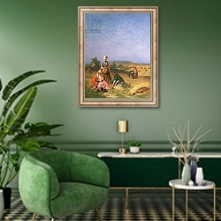 «Gleaning» в интерьере гостиной в зеленых тонах