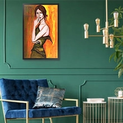 «Green Dress and Mobile Phone, 2006» в интерьере классической гостиной с зеленой стеной над диваном
