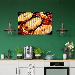 «Рыба на гриле» в интерьере кухни с зелеными стенами